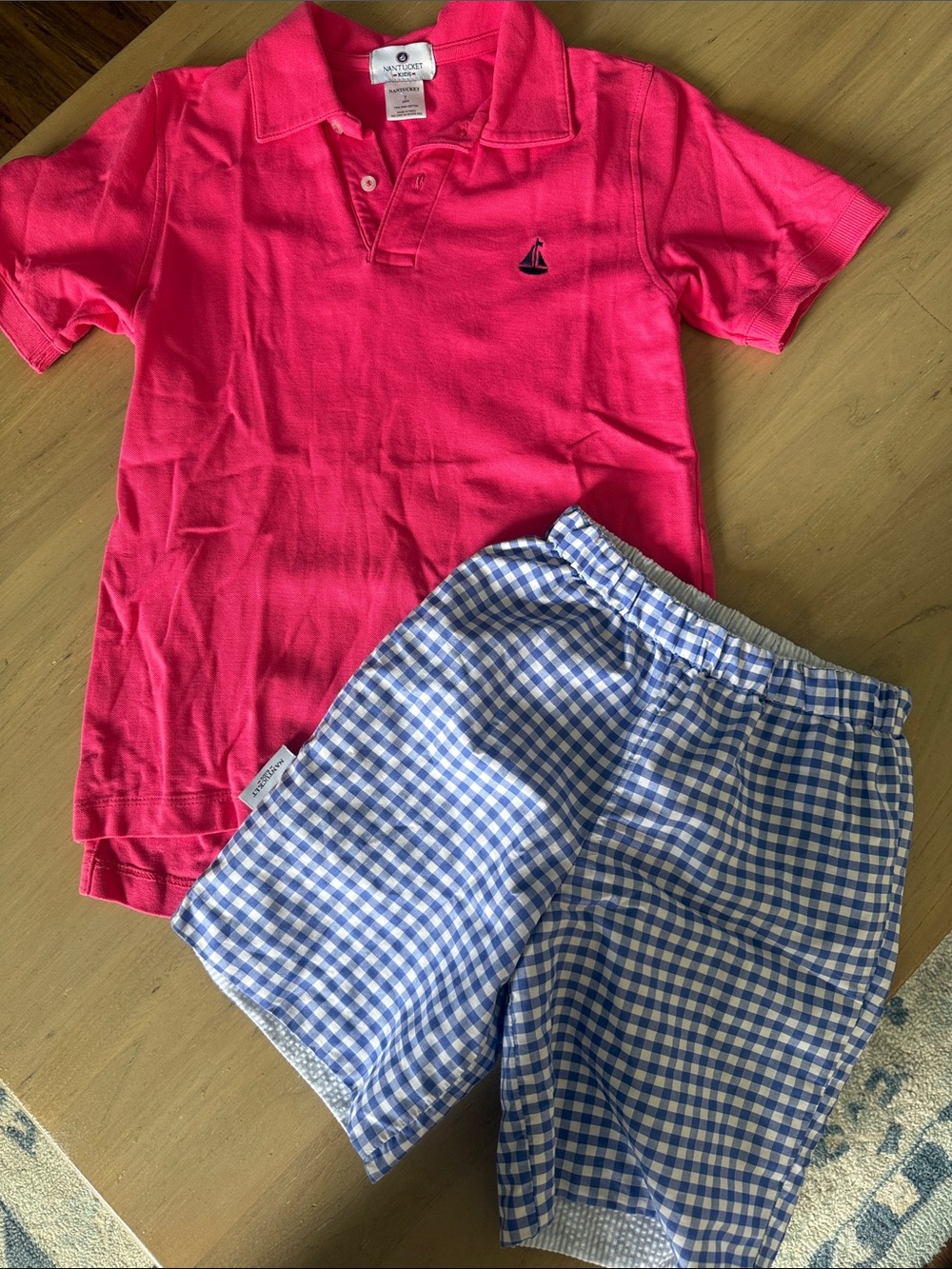 Bright Pink Polo with Blue Gingham Shorts Set